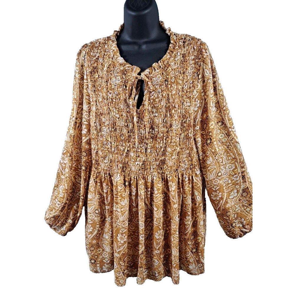 Melloday Blouse Women XL 40"‎ Smocked Floral Peasant Elastic Sleeves Gold Sheer